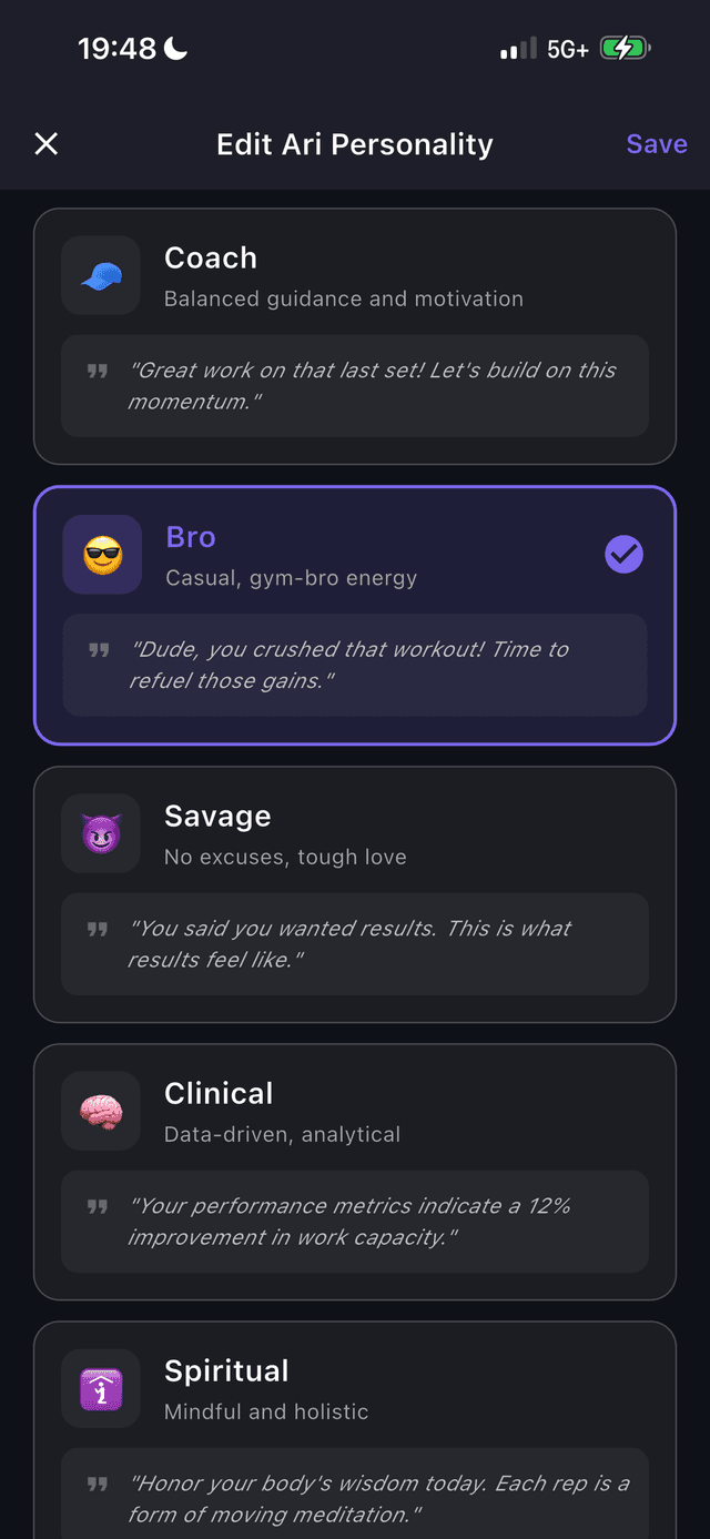 Edit Ari Personality - Coach, Bro, Savage, Clinical, Spiritual modes with example quotes