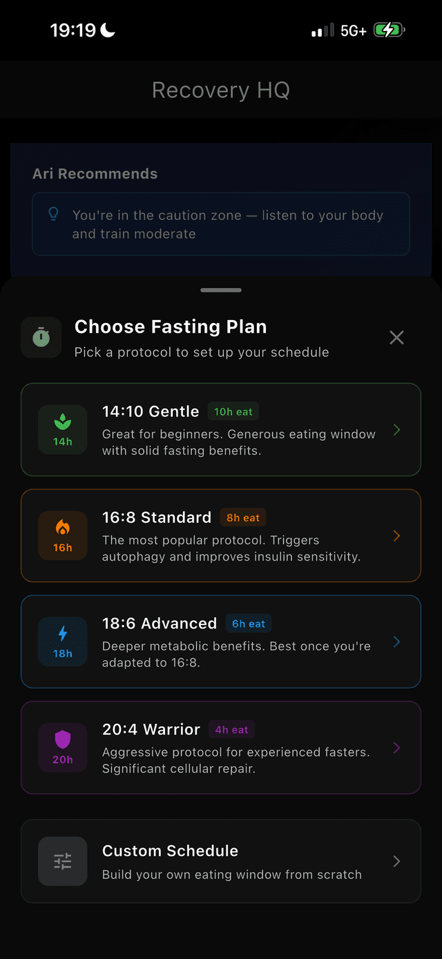 Choose fasting plan - 14:10, 16:8, 18:6, 20:4, custom