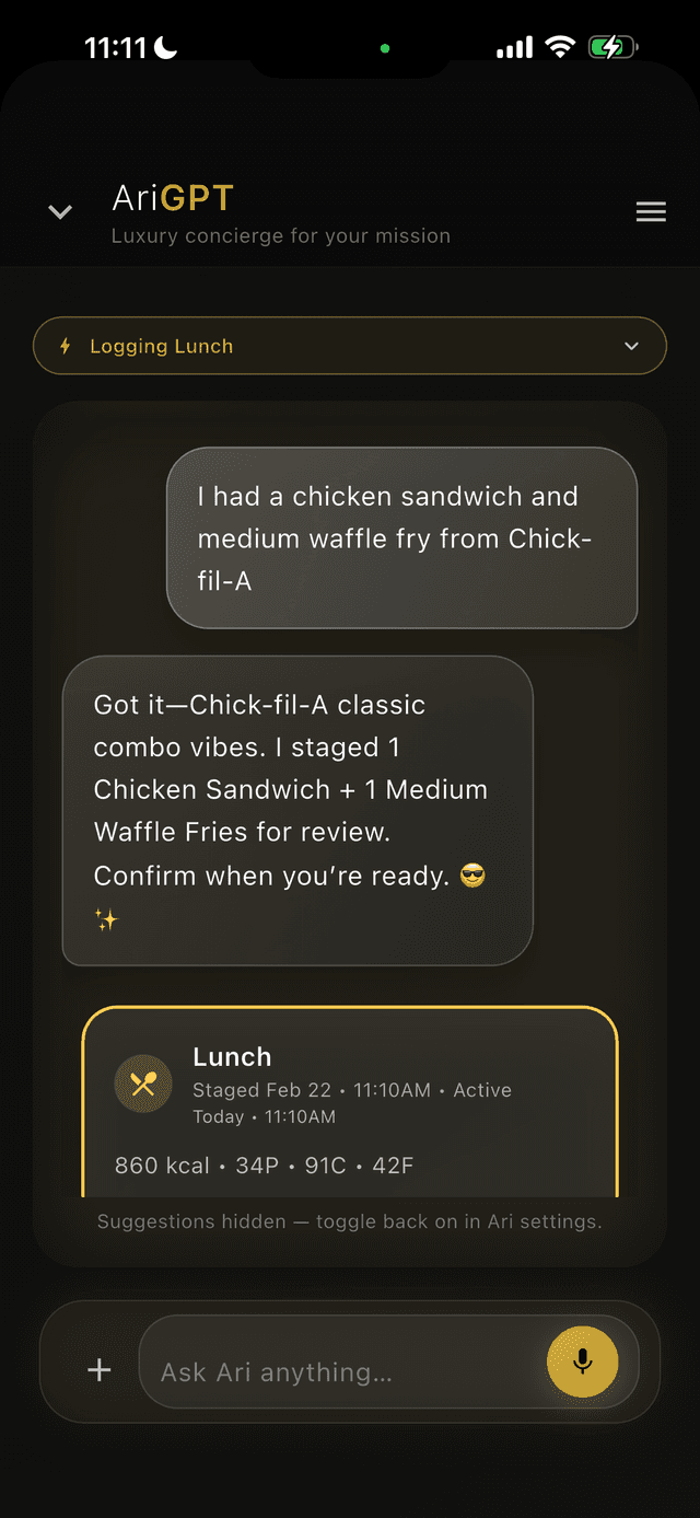 Ari chat - natural language meal logging with Chick-fil-A, staged as Lunch with macro breakdown