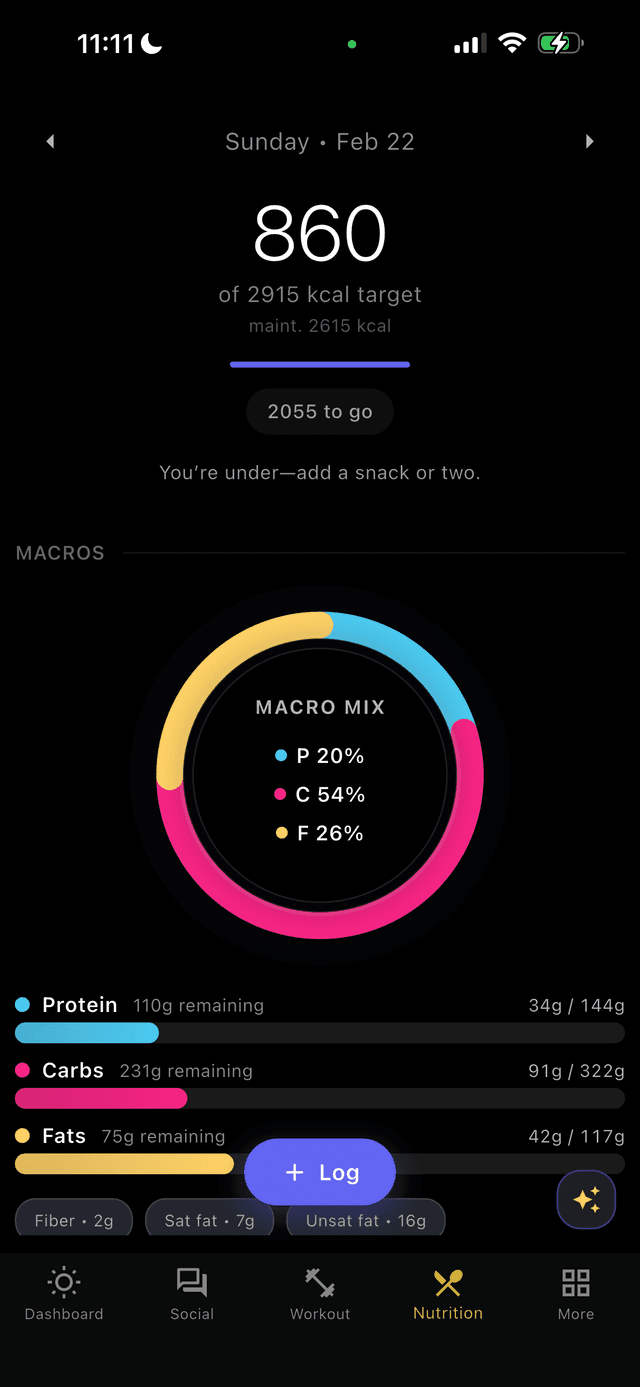 Nutrition dashboard - calorie ring 860/2915, macro donut chart P20% C54% F26%, progress bars