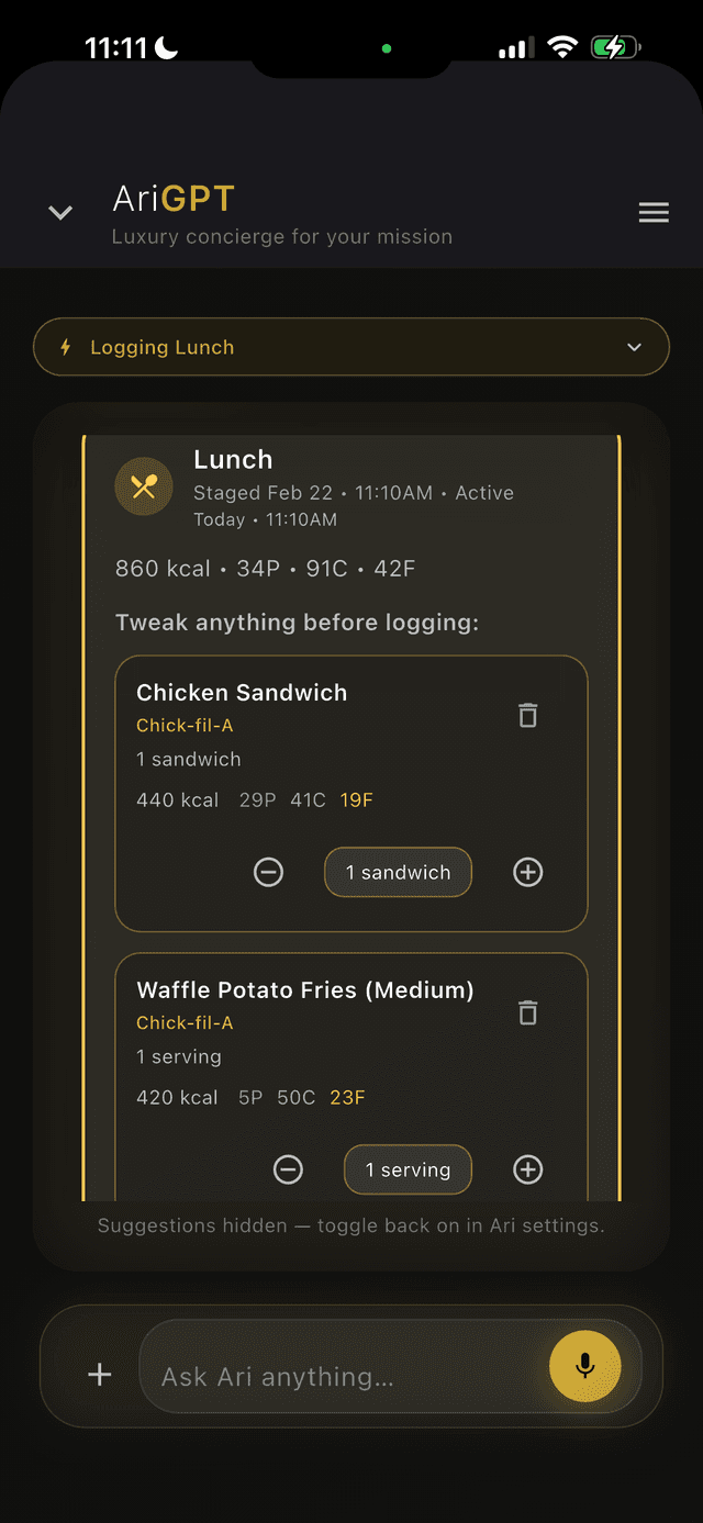 Meal staging review - editable items with per-item macros and quantity adjusters