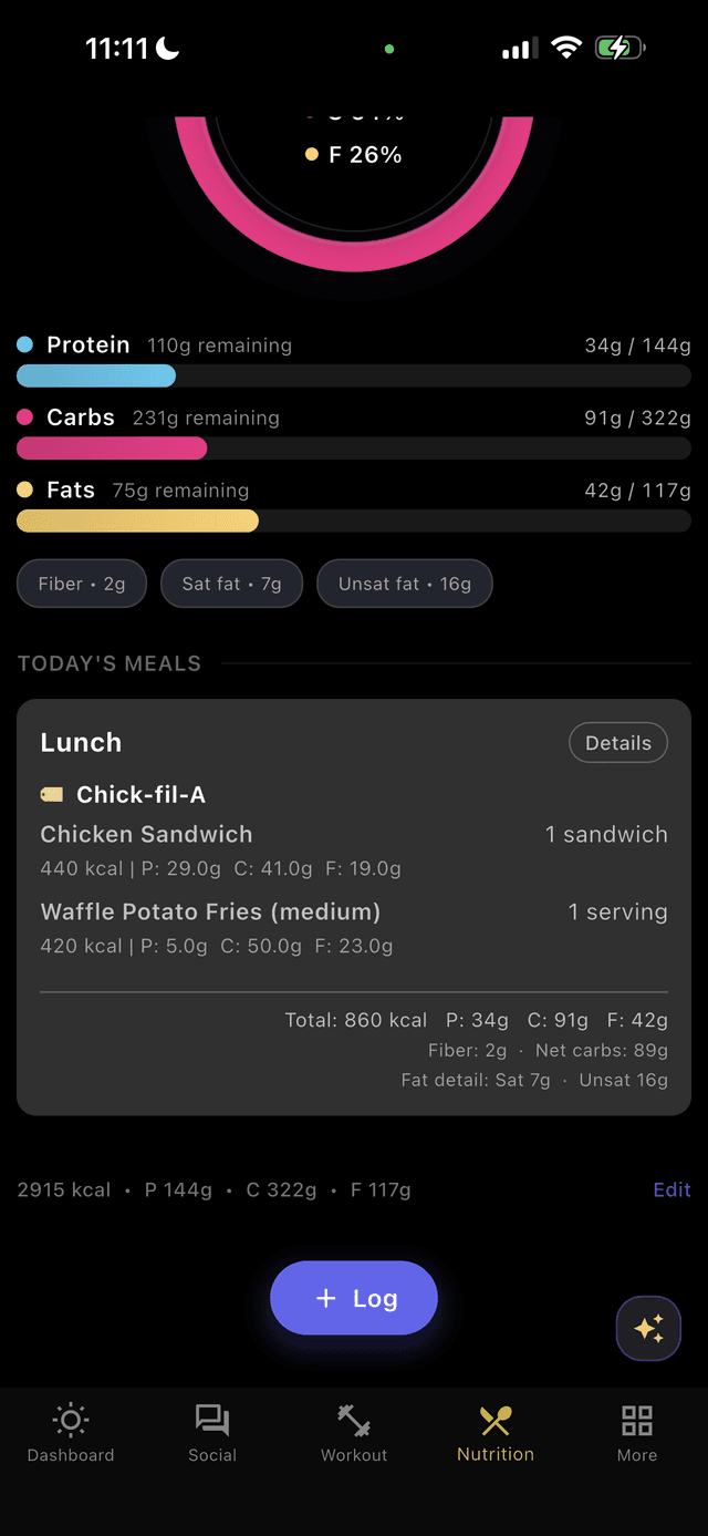 Today's Meals - Chick-fil-A lunch with per-item macros and daily totals