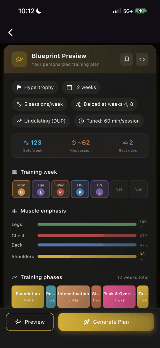 Training block blueprint with phases, volume, and muscle emphasis