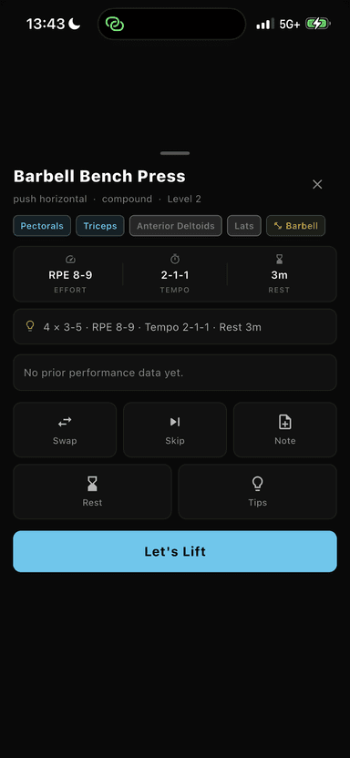Exercise detail with muscle tags, RPE, tempo