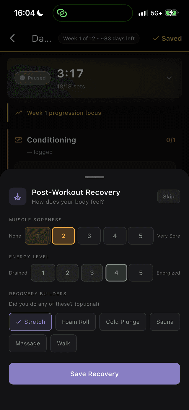 Post-workout recovery check-in with soreness and energy tracking