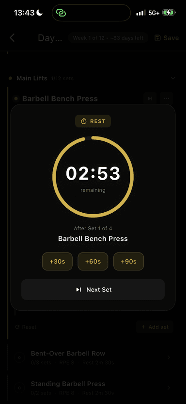 Blueprint-driven rest timer tuned per exercise and training goal