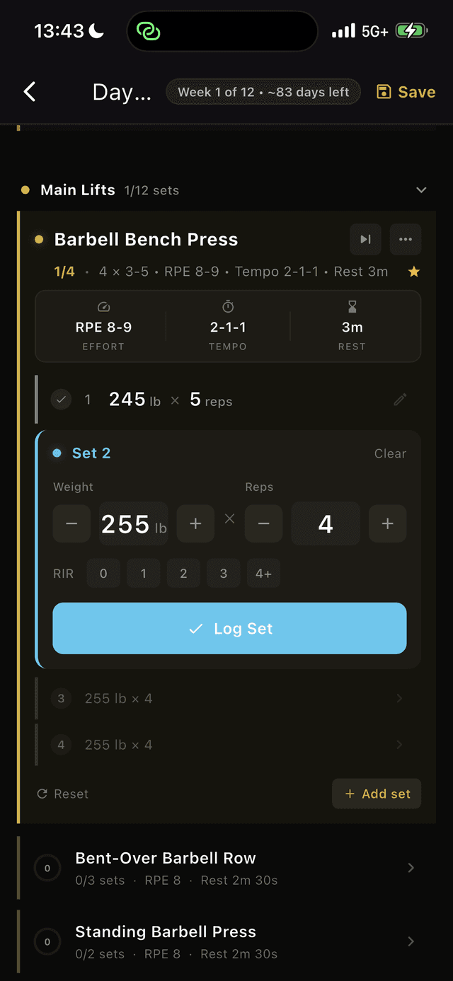 Active set logging with weight, reps, RIR
