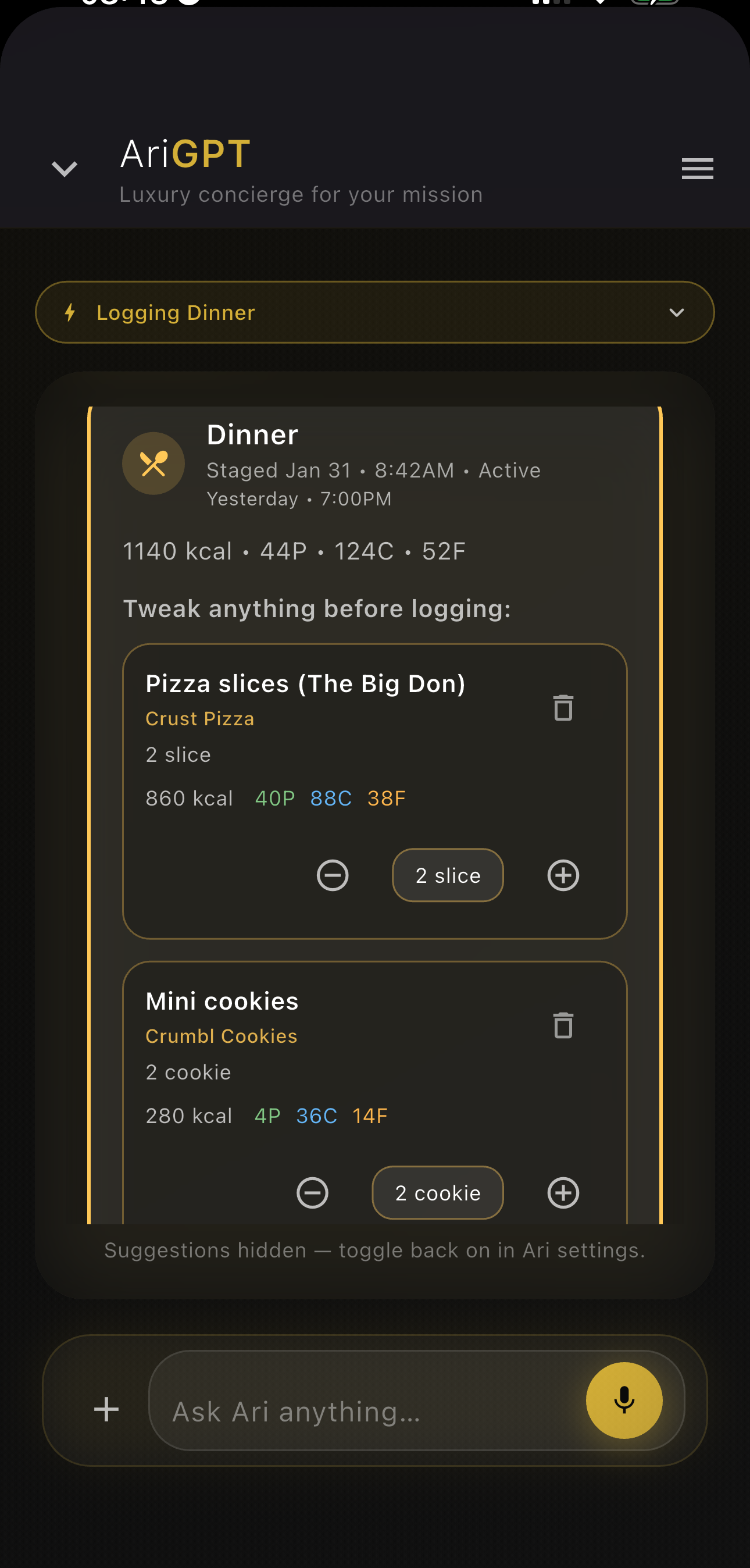 Ari staged meal