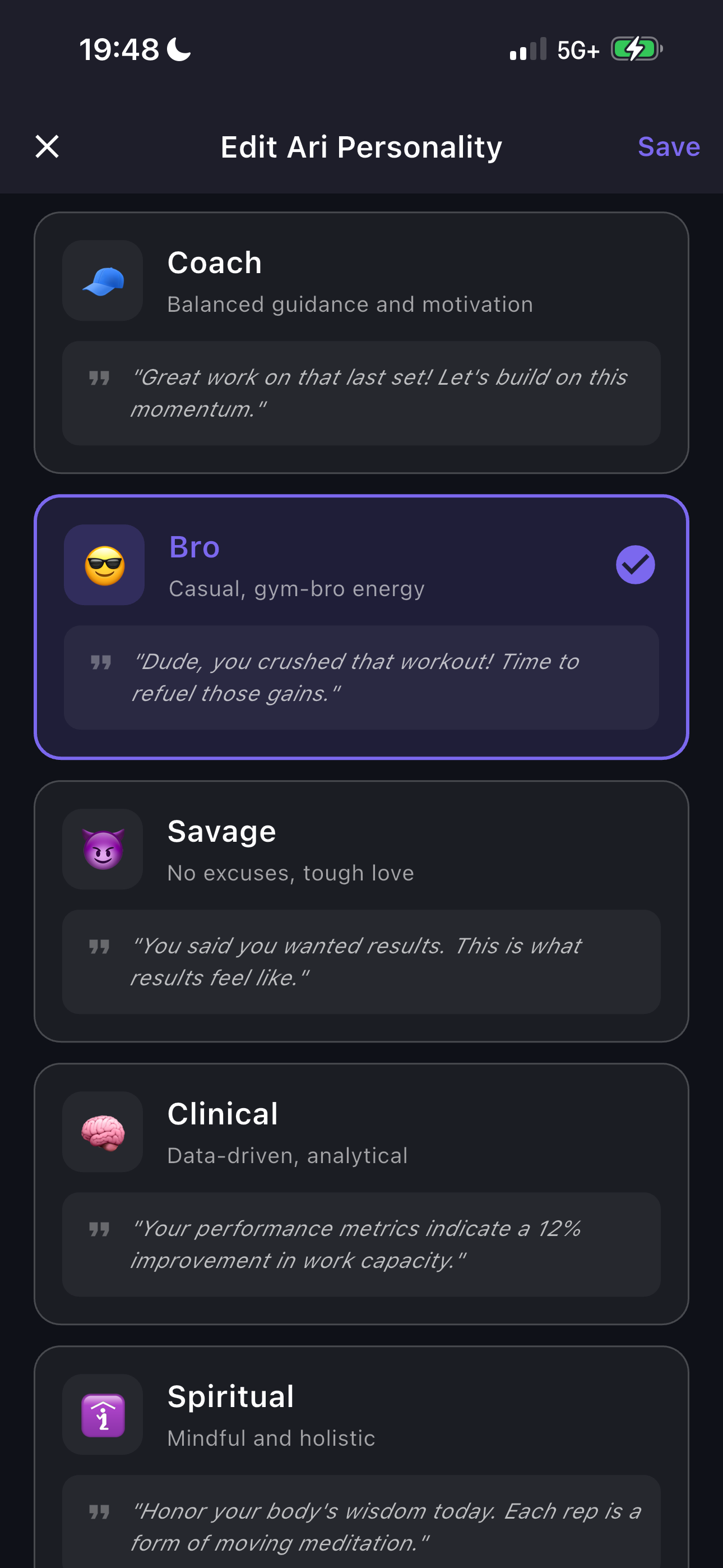 Edit Ari Personality - Coach, Bro, Savage, Clinical, Spiritual modes with example quotes
