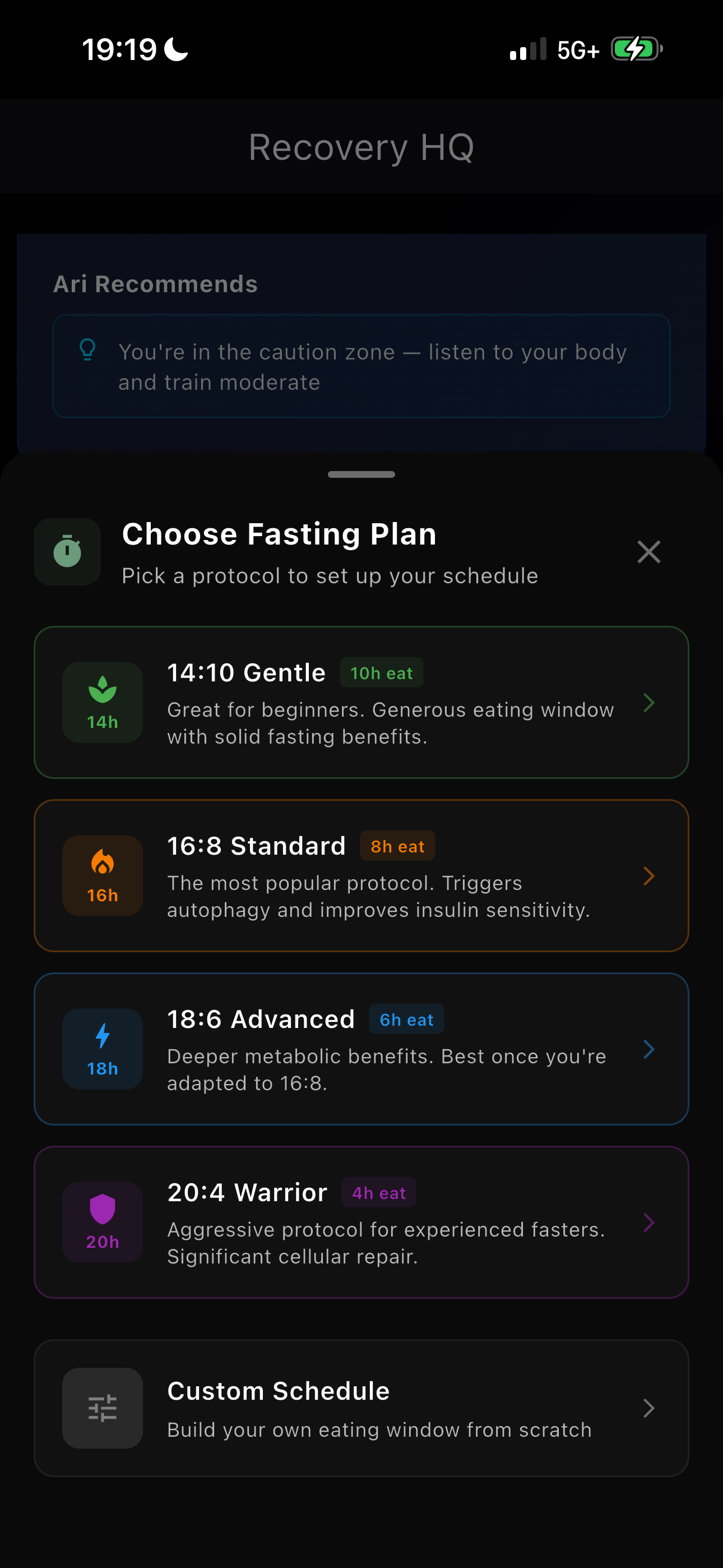 Choose fasting plan - 14:10, 16:8, 18:6, 20:4, custom