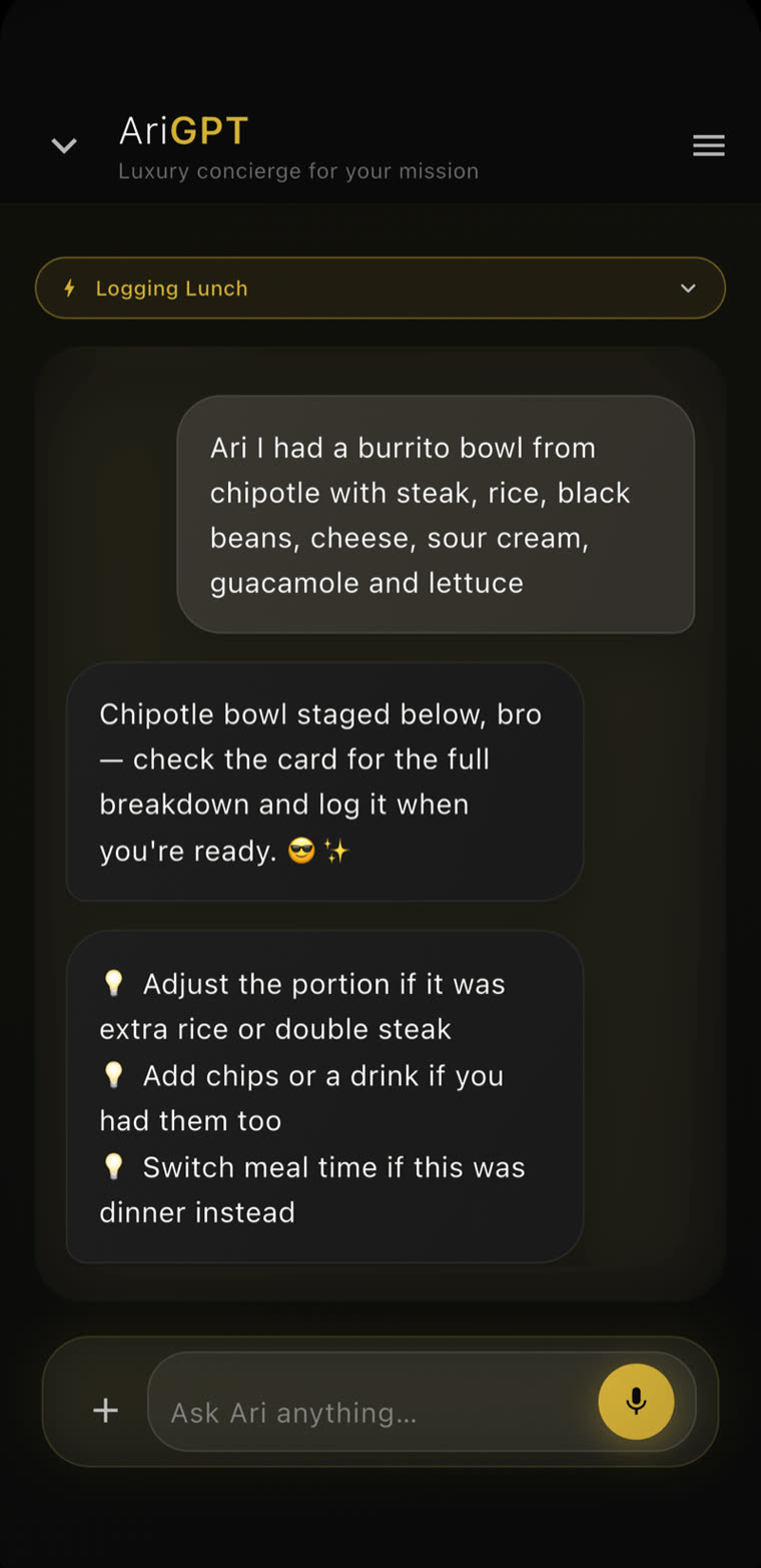 Ari chat: “Chipotle bowl staged below, bro — check the card for the full breakdown and log it when you’re ready.”