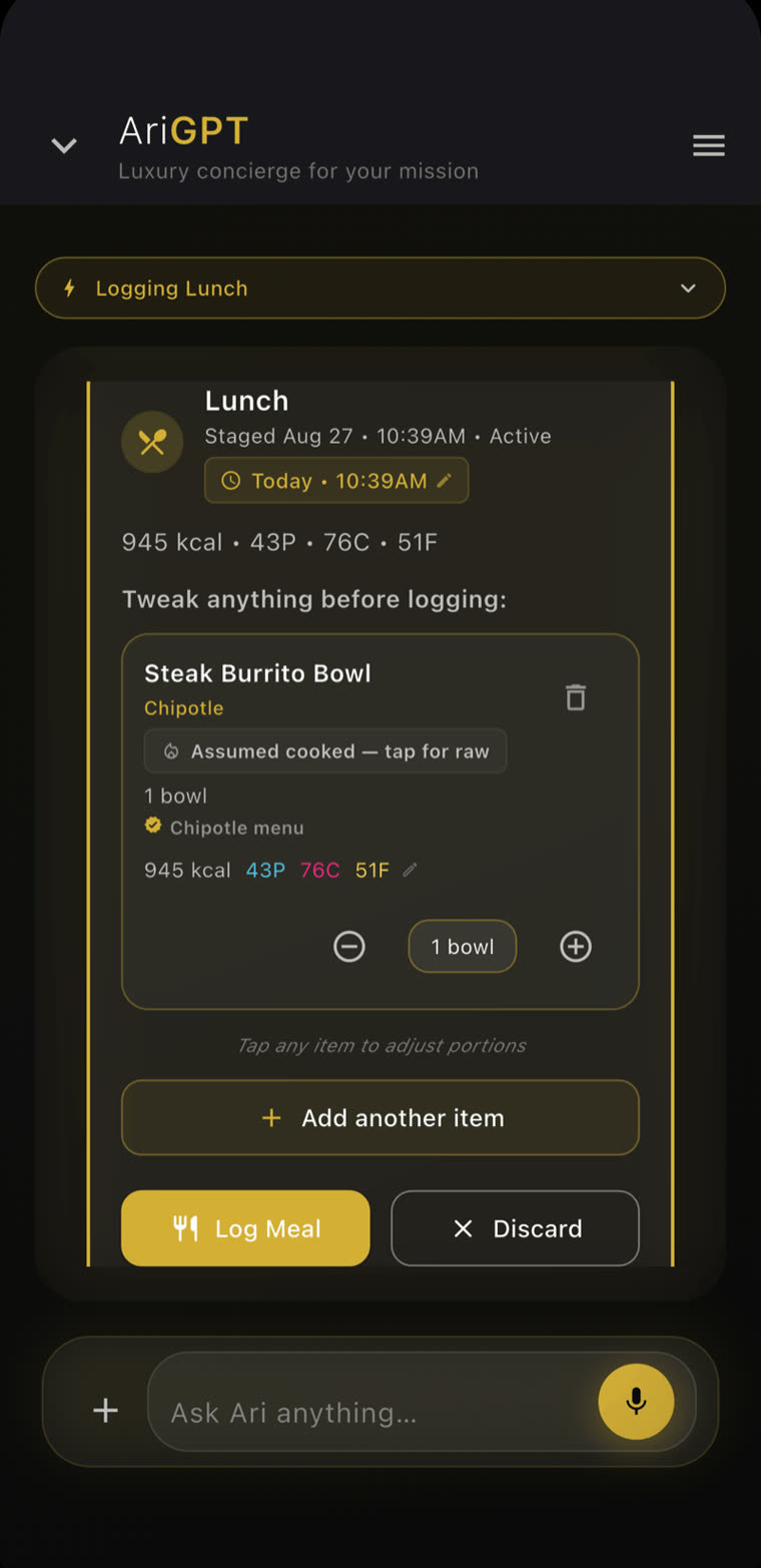 Staged lunch: Steak Burrito Bowl, Chipotle, 1 bowl, from the Chipotle menu, 945 kcal, 43P 76C 51F. Log Meal or Discard