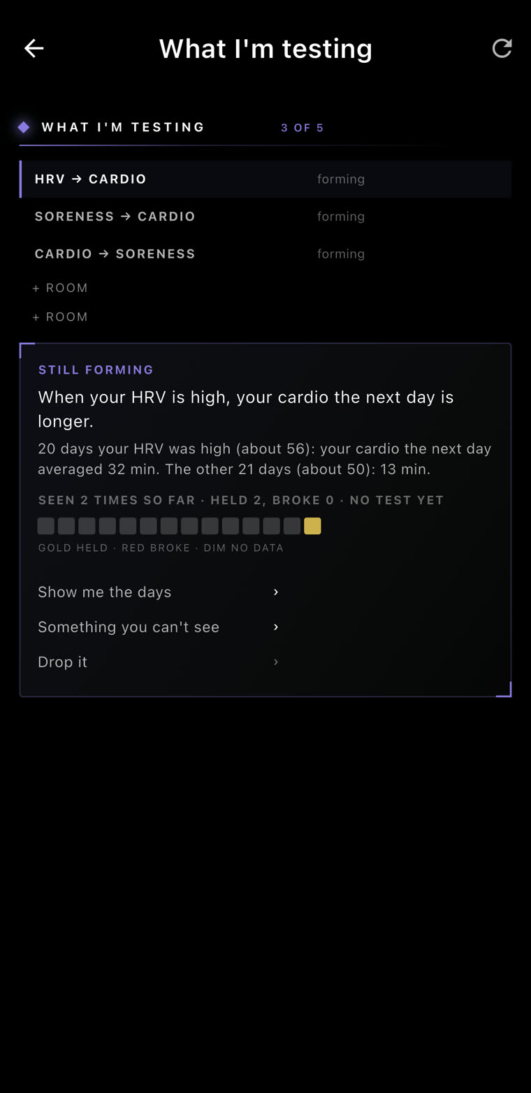 What Ari is testing: when your HRV is high, your cardio the next day is longer — still forming