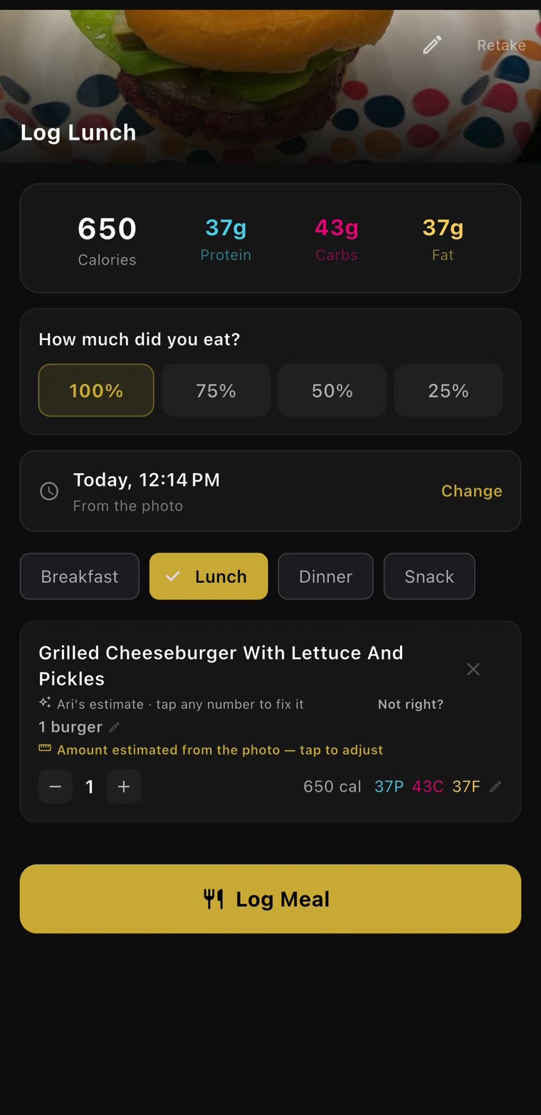 Log Lunch: a grilled cheeseburger from a photo, 650 calories, 37 g protein, 43 g carbs, 37 g fat