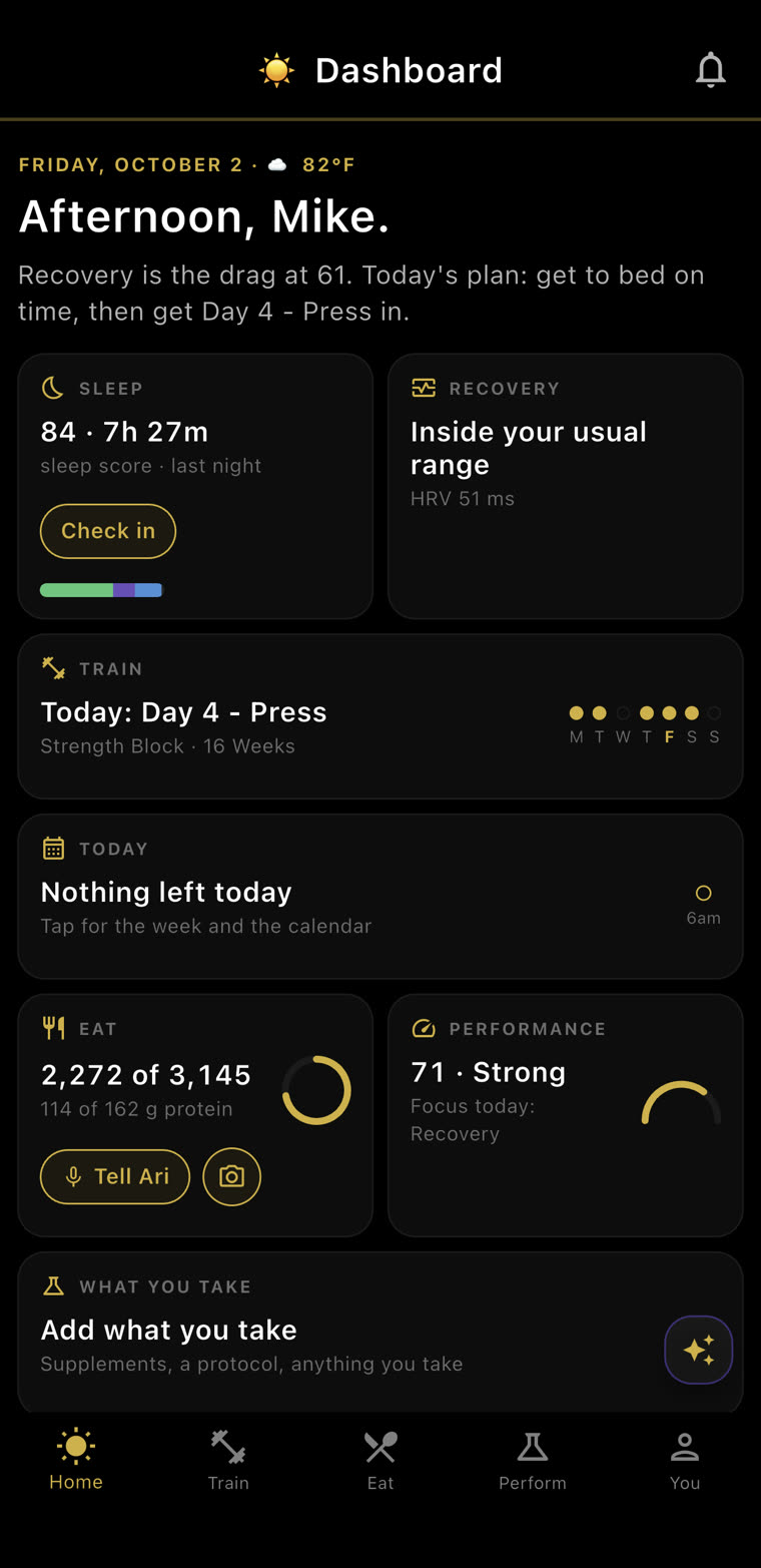 The dashboard: recovery is the drag at 61; and a What you take tile: add what you take, supplements, a protocol, anything you take