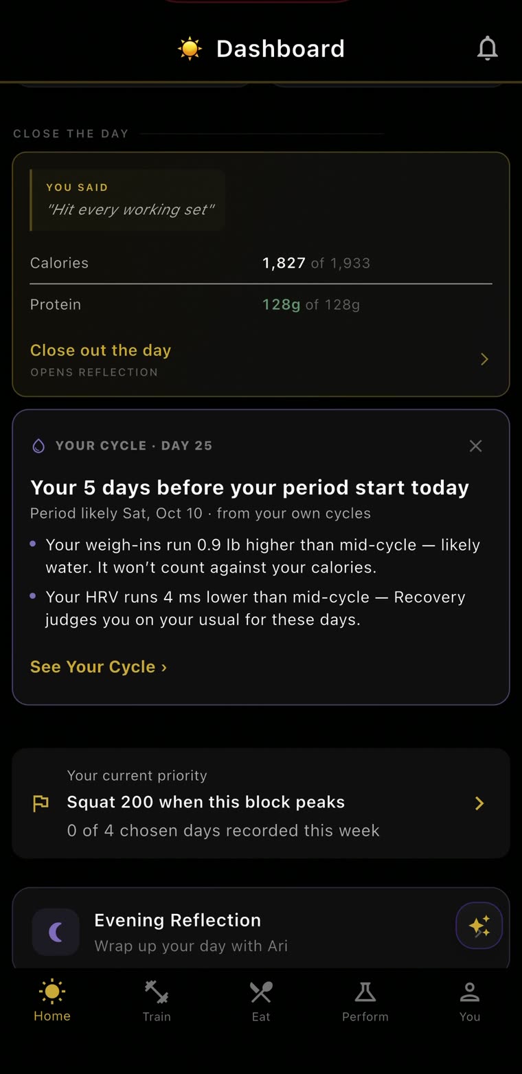 Home’s Close the day card: you said “Hit every working set”, calories 1,827 of 1,933, protein 128 g of 128 g, and Close out the day, which opens Reflection