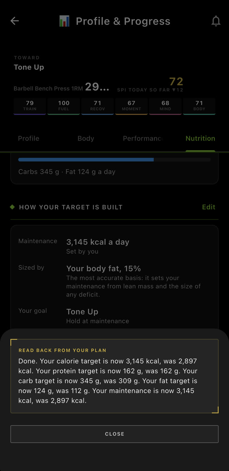 Read back from your plan: done, your calorie target is now 3,145 kcal, was 2,897 kcal