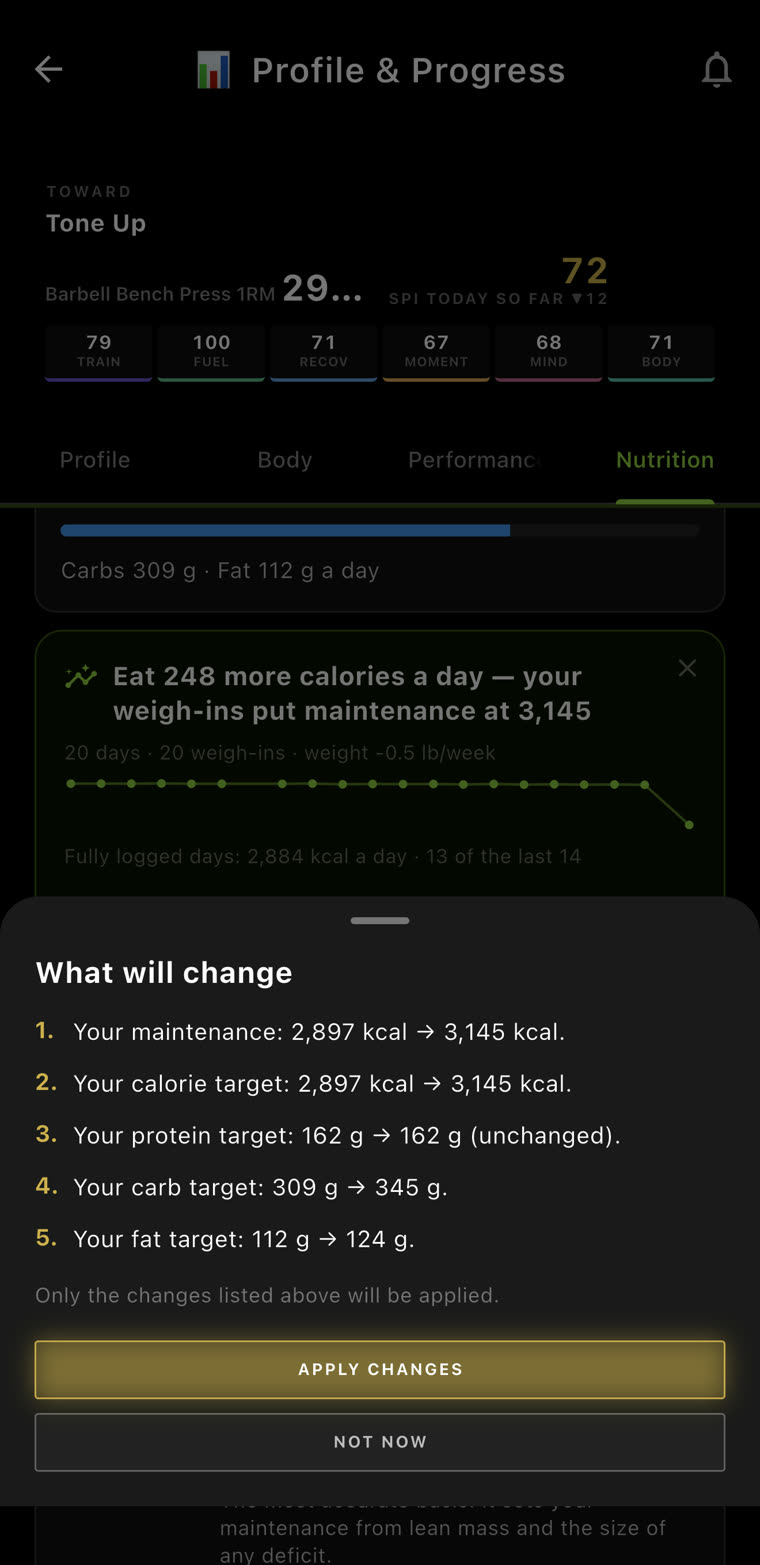 What will change: maintenance, calories, protein, carbs and fat, before and after. Apply changes or Not now