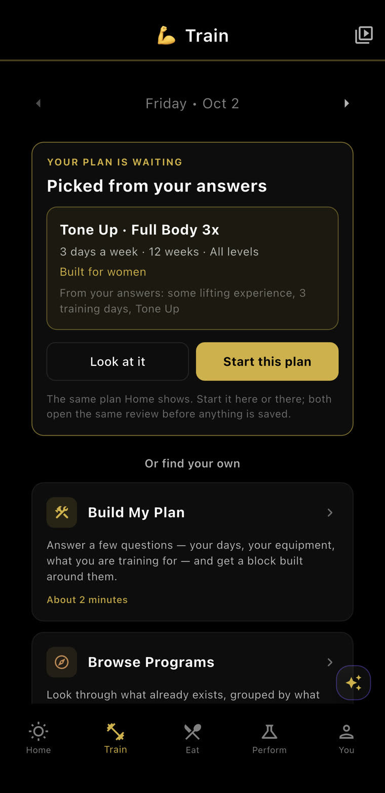 Your plan is waiting, picked from your answers: Tone Up · Full Body 3x, three days a week, 12 weeks, all levels, built for women