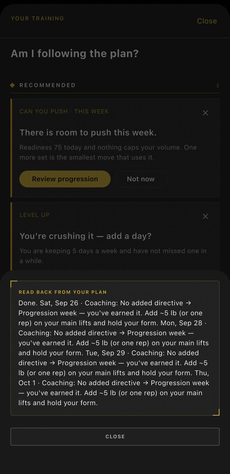 Read back from your plan: Done, each session’s change listed day by day