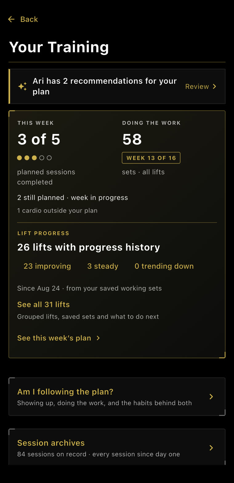 Your Training: this week 3 of 5 planned sessions, 58 sets; 26 lifts with progress history, 23 improving, 3 steady, 0 trending down