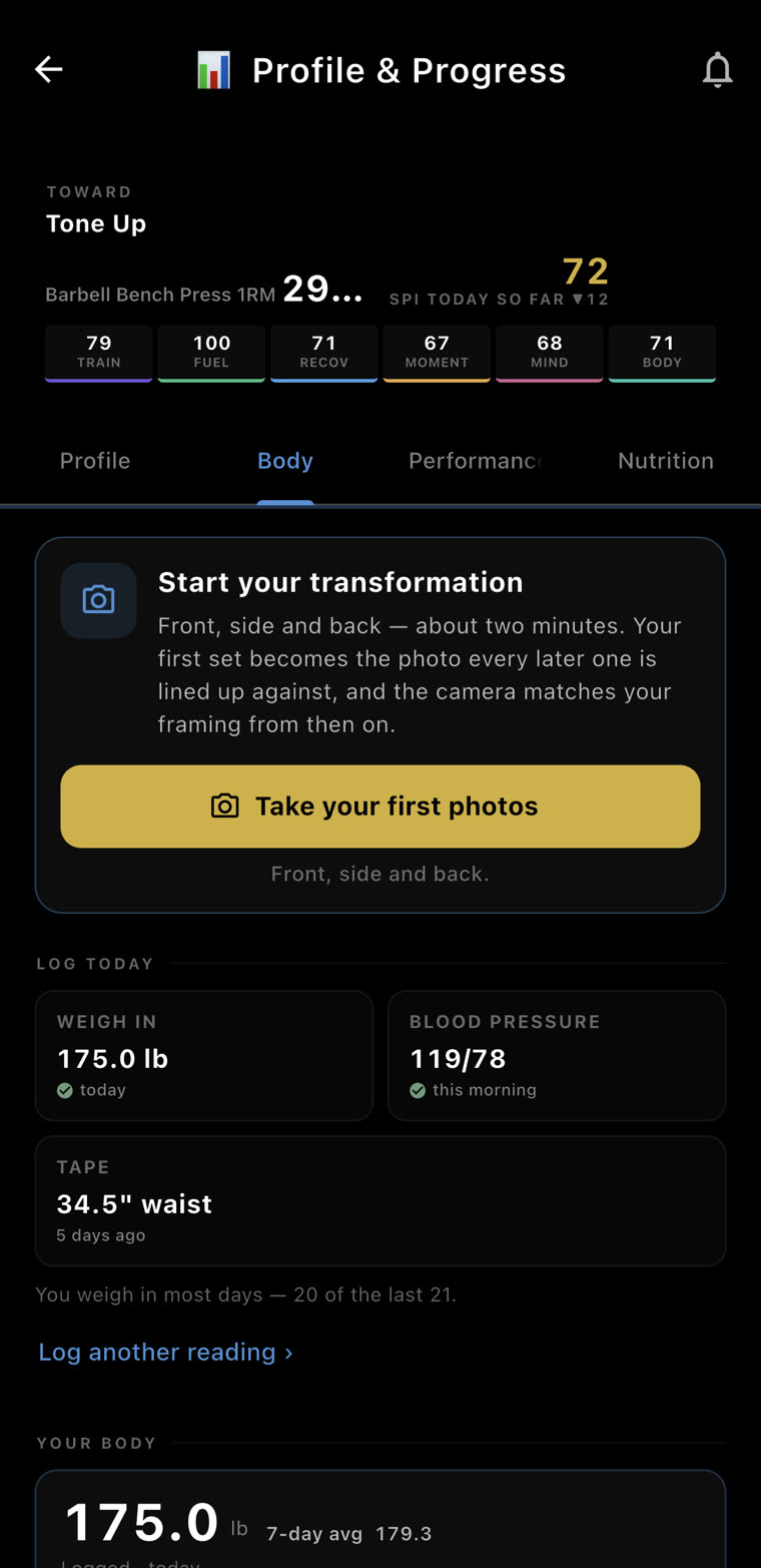 Body: take your first photos — front, side and back. Log today: weigh-in 175.0 lb today, blood pressure 119/78 this morning, tape 34.5 inch waist 5 days ago
