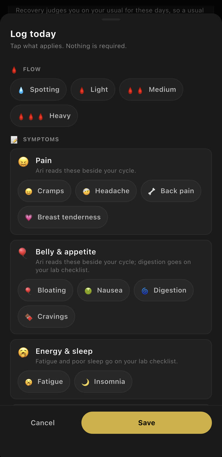 Log today: tap what applies, nothing is required. Flow, pain, belly & appetite, energy & sleep