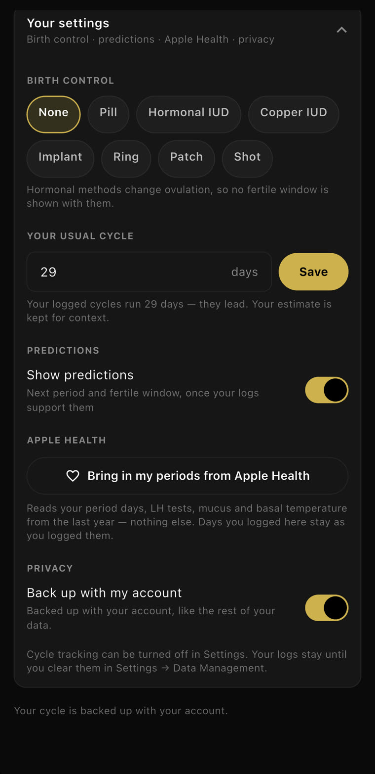 Your settings: birth control, your usual cycle of 29 days, predictions, periods from Apple Health, and backup with your account