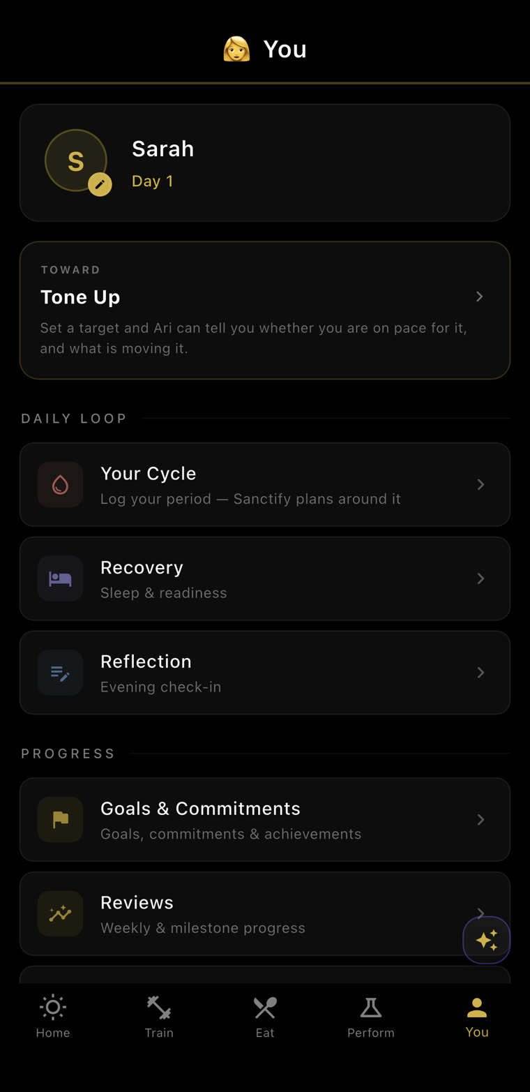 The You tab: Toward Tone Up, the daily loop (Your Cycle, Recovery, Reflection) and Progress (Goals & Commitments, Reviews)