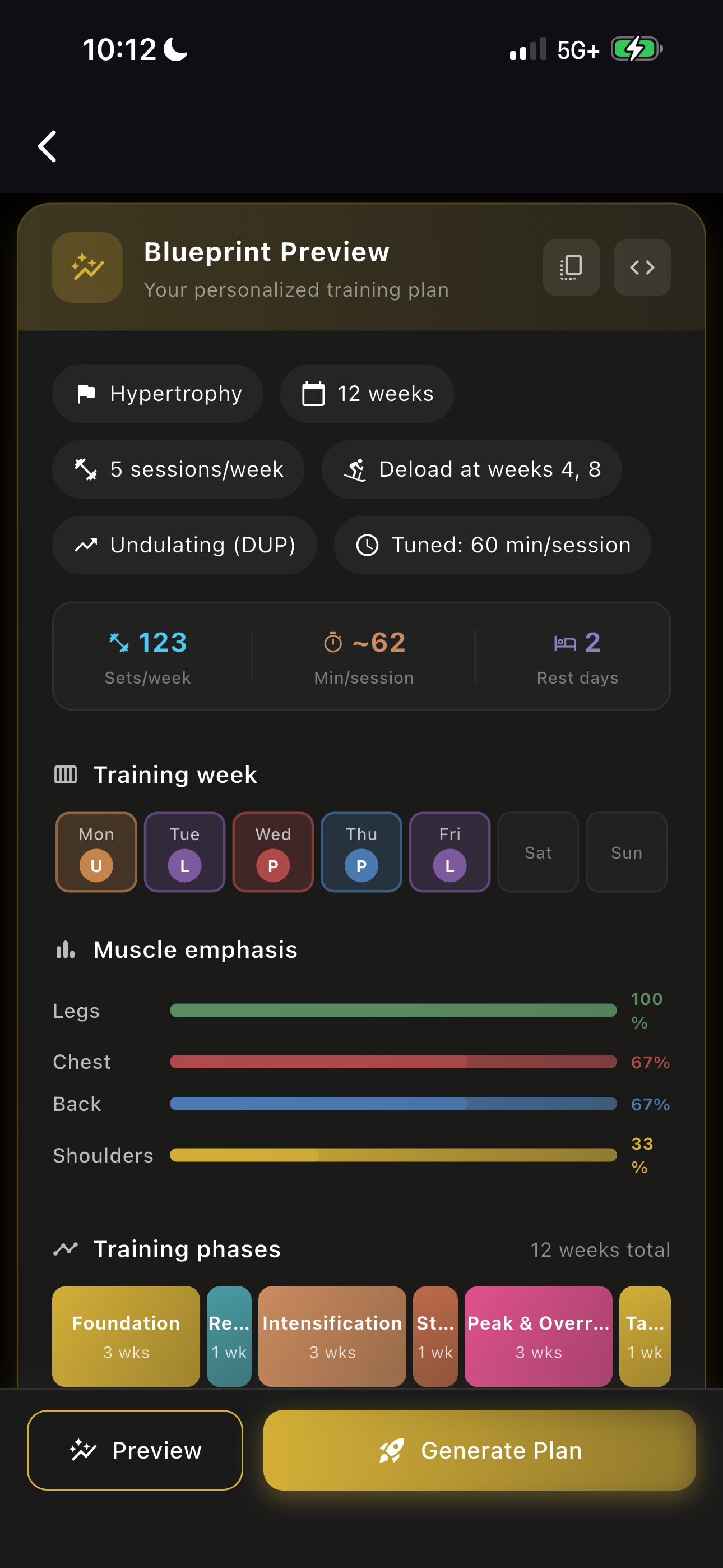 Training block blueprint with phases, volume, and muscle emphasis