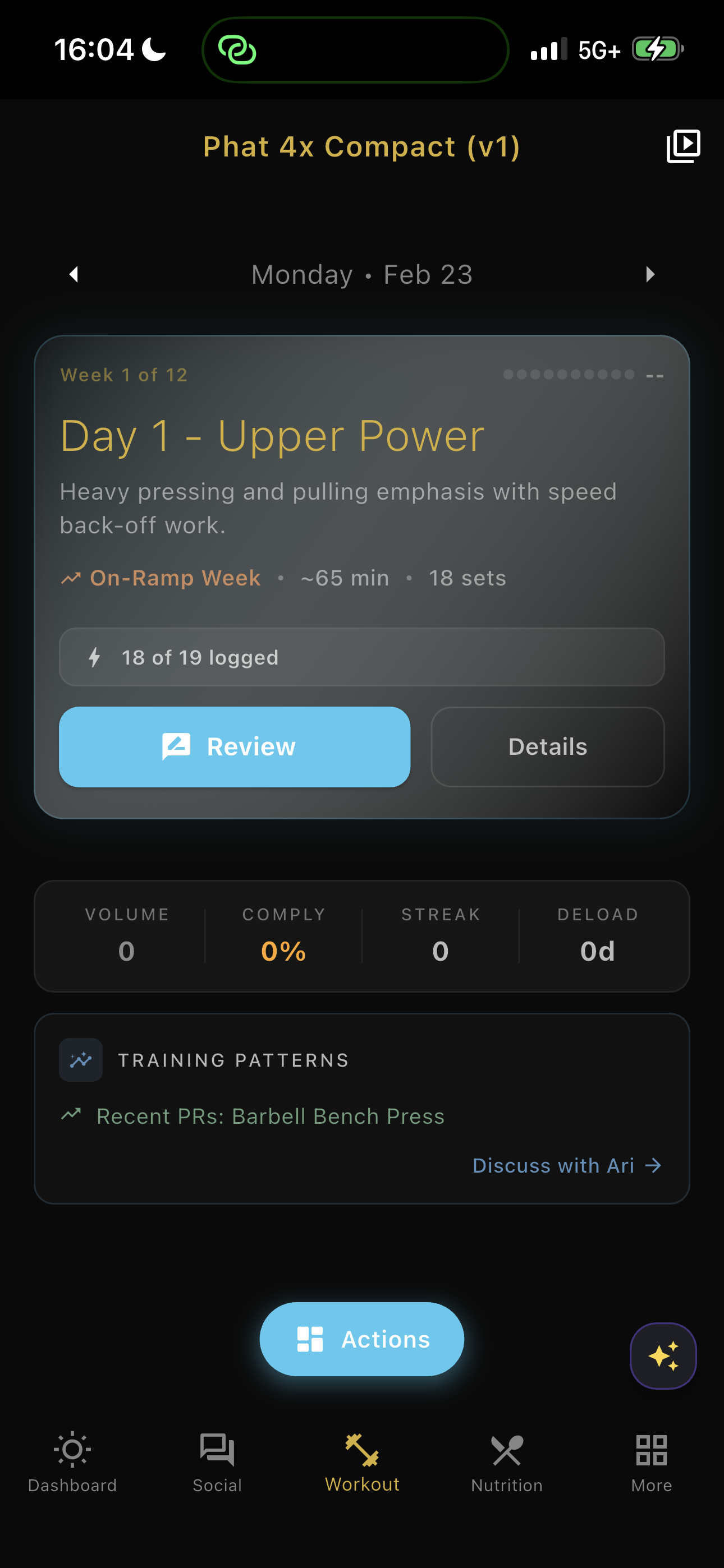 Workout overview with volume, compliance, and training patterns