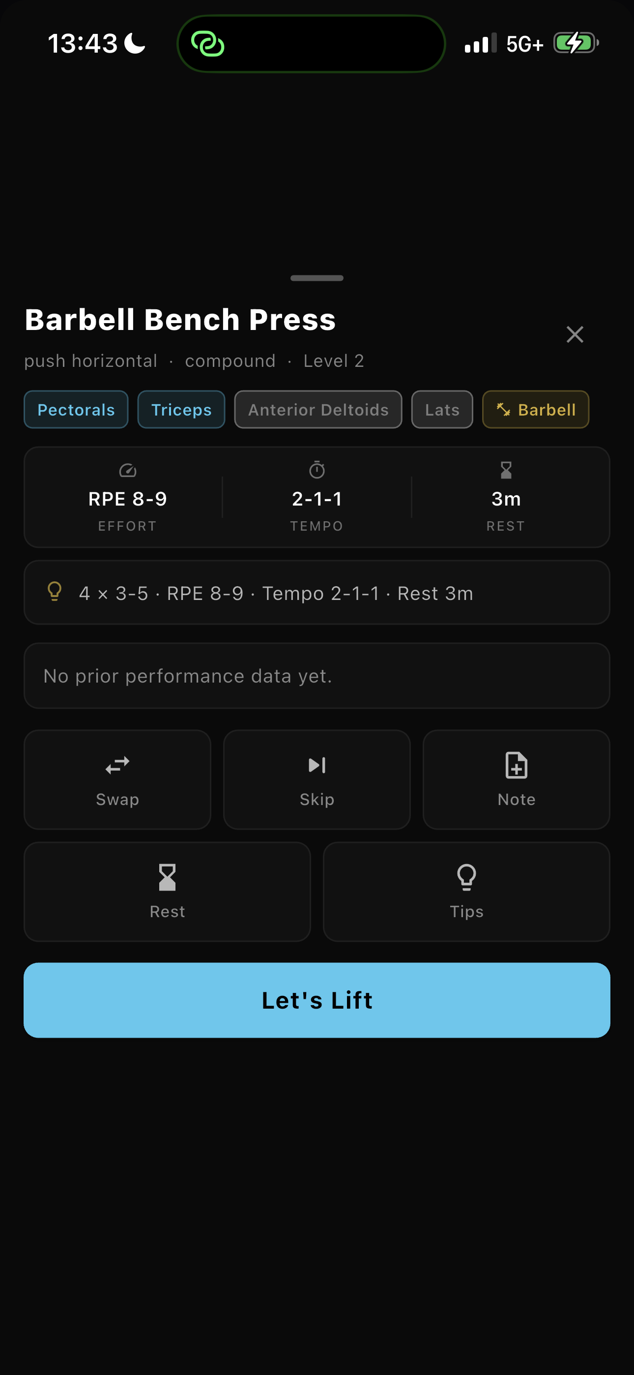 Exercise detail with muscle tags, RPE, tempo