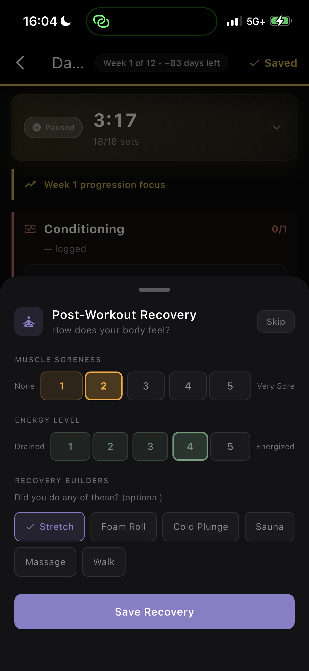 Post-workout recovery check-in with soreness and energy tracking