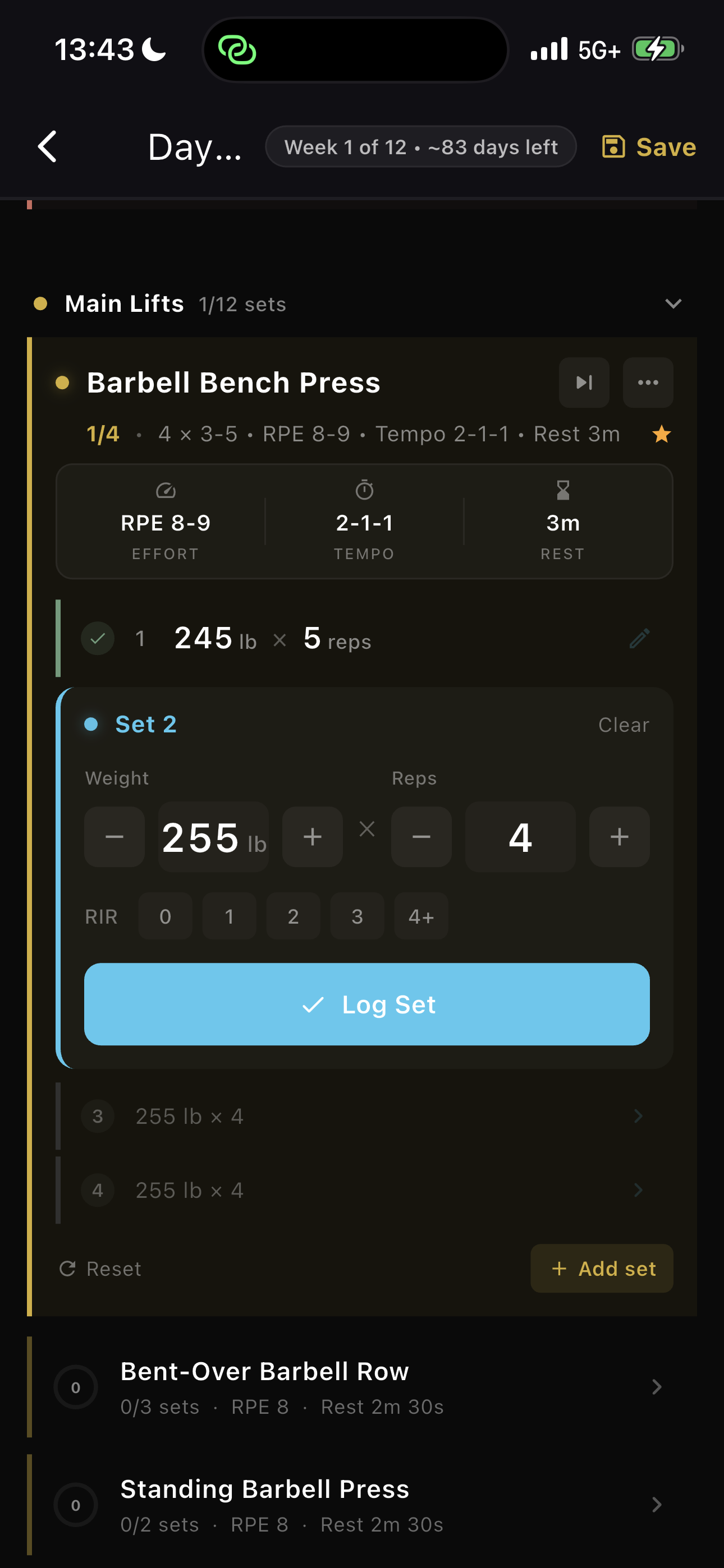 Active set logging with weight, reps, RIR